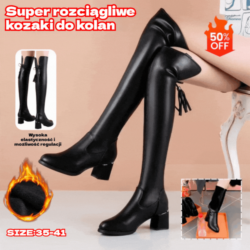 【50% ZNIŻKI】💥35-41💥Modne elastyczne kozaki za kolano – czarne, wysmuklające, z grubym obcasem na zimę 2025