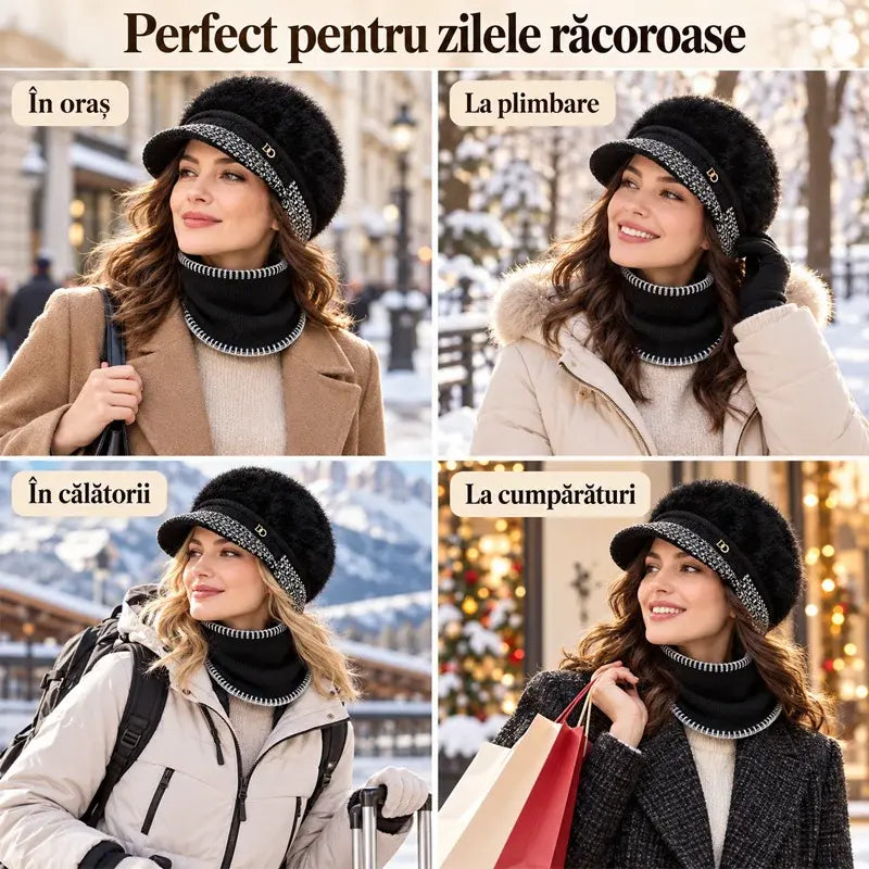 ❄️Ținută elegantă de iarnă, din două piese: Șapcă de baseball din amestec de blană de iepure cu apărători pentru urechi + eșarfă tricotată!