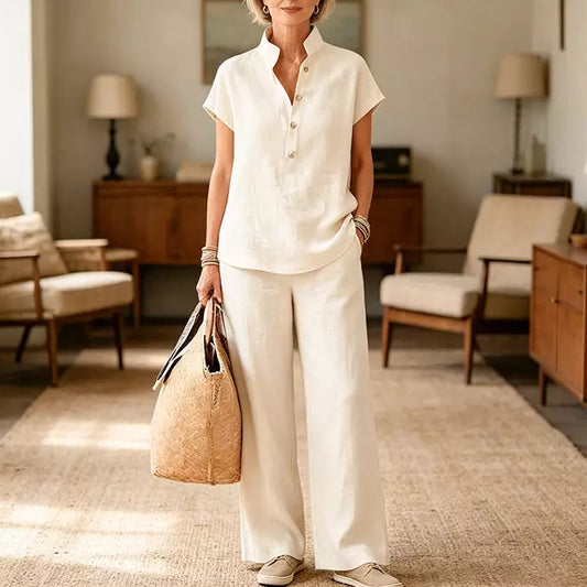 Set de Damă din In și Bumbac – Bluză cu Mânecă Scurtă și Pantaloni Largi, Stil Casual Elegant de Vară