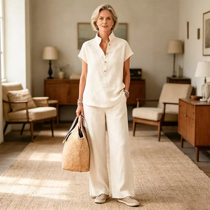 Set de Damă din In și Bumbac – Bluză cu Mânecă Scurtă și Pantaloni Largi, Stil Casual Elegant de Vară