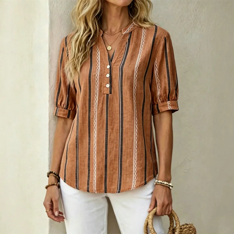 👚 Bluză de vară cu mânecă scurtă, din bumbac și in, cu dungi și material respirabil