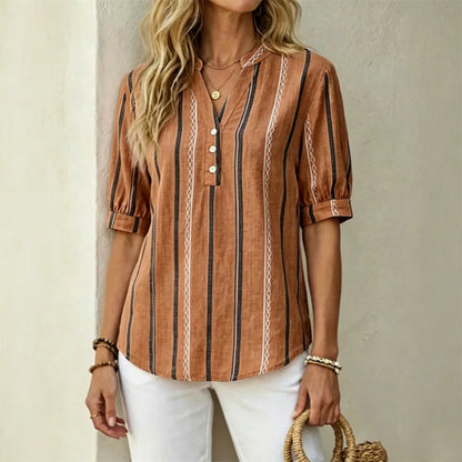 👚 Bluză de vară cu mânecă scurtă, din bumbac și in, cu dungi și material respirabil