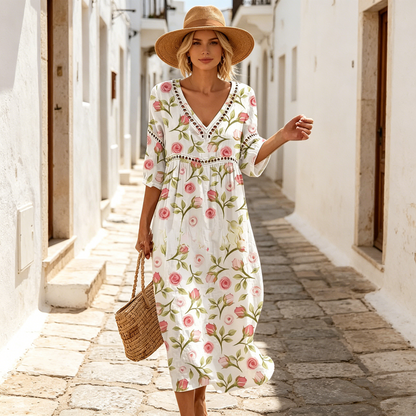 👗【S-3XL】Rochie lungă de damă din bumbac și in cu imprimeu - stil de vară, decolteu în V