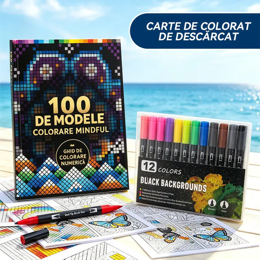 🛍️ Set Carte de Colorat Antistres "100 Patterns Mindful Coloring" 🎨 Pictură pe Numere pentru Adulți și Seniori | 100 de Modele (Flori, Mandale) + Set Carioci Include, Antrenament Cerebral & Relaxare