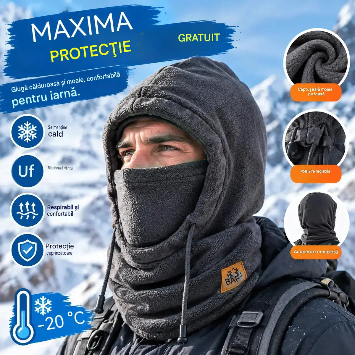 ❄️ Căciulă termică cu acoperire completă și căptușeală din fleece, care protejează împotriva frigului până la -20 °C. ⛷️ Perfectă pentru schi, motociclism și activități în aer liber.