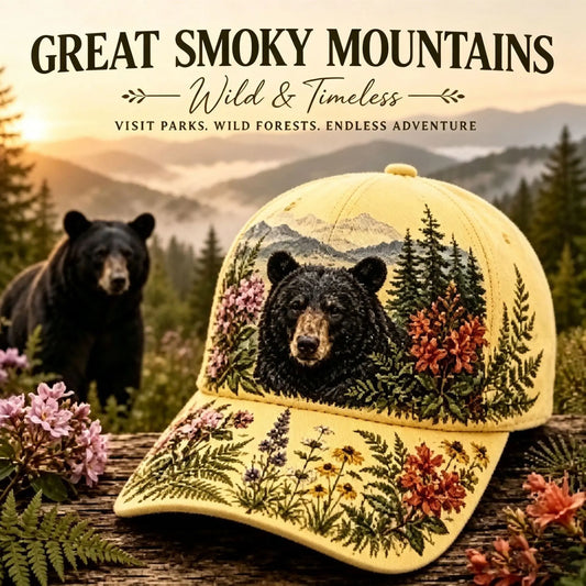 🛍️ Ediție Specială Retro: Șapcă de Vară cu Tematică „Great Smoky Mountains” ✨ Design deosebit cu Urs Negru și Flori de Câmp | Șapcă de Baseball Ajustabilă, Stil Outdoor Vintage