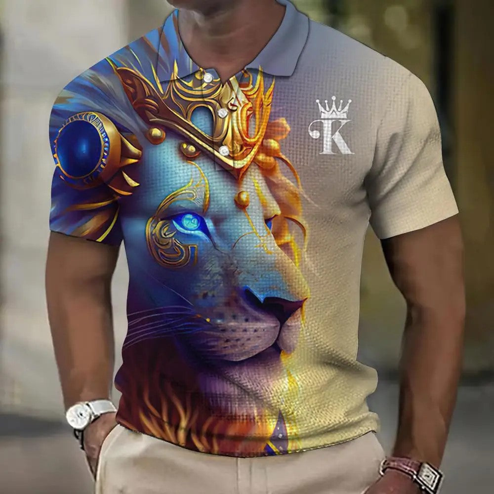 Tricou polo bărbați cu imprimare 3d cu leu