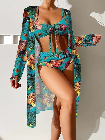 👙【S-2XL】Costum de baie sexy pentru vacanță, 3 piese, cu șal imprimat, model nou 2026