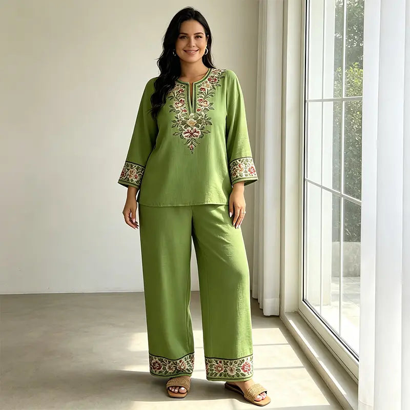 Costum de Vară din In Dama de 2 Piese, Bluza Lejeră cu Imprimeu Floral și Pantaloni Largi, Material Moale, Respirabil și Prietenos cu Pielea