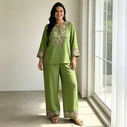 Costum de Vară din In Dama de 2 Piese, Bluza Lejeră cu Imprimeu Floral și Pantaloni Largi, Material Moale, Respirabil și Prietenos cu Pielea