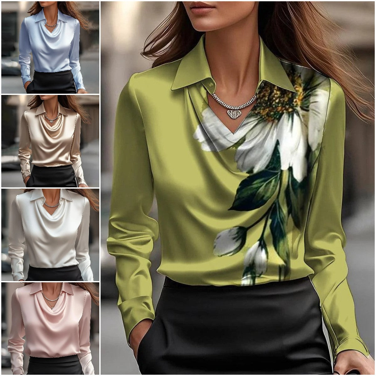 🔥【40-100KG】✨Camisa de mujer con estampado y cuello en color liso