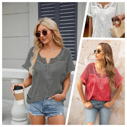 【S–6XL】Bluză elegantă pentru femei cu dantelă și decolteu în V – brodată, cu mâneci scurte