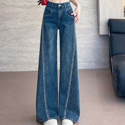 🌼【Ofertas de Primavera】✨Vaqueros de pierna ancha para mujer con decoración de pedrería