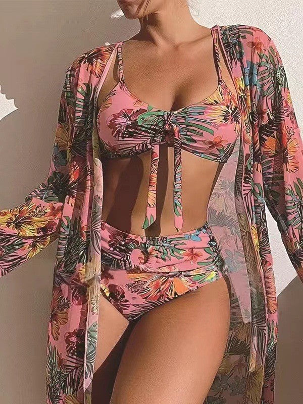 👙【S-2XL】Costum de baie sexy pentru vacanță, 3 piese, cu șal imprimat, model nou 2026