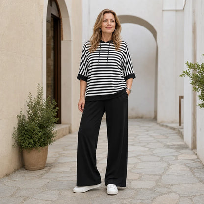 Compleu Dama Modern Alb-Negru – Bluza Casual si Pantaloni Eleganti