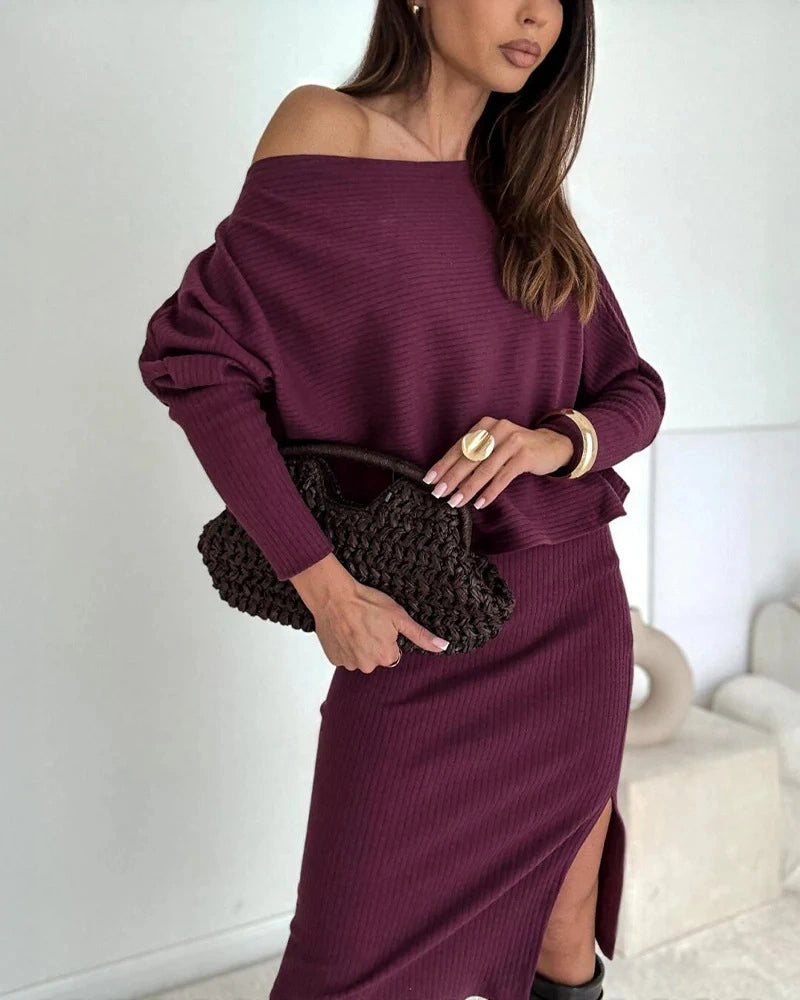 ✨【Top + Falda】 Conjunto de punto hombro inclinado para mujer, manga murciélago y falda abierta, ideal para primavera