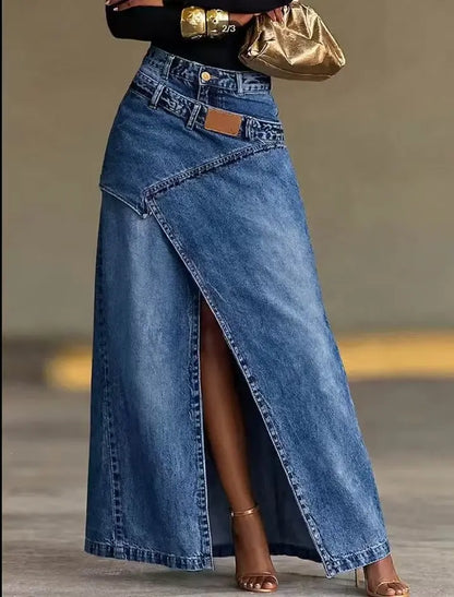 🥇【S-3XL】Fustă lungă din denim la modă, cu design cu șliț și curea în mai multe straturi