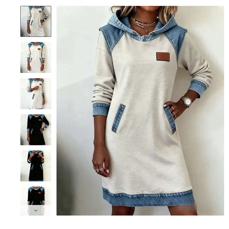 Zimska nova patchwork jeans obleka s kapuco ❄️ – ohlapna, udobna in enostavna za kombiniranje