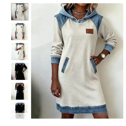 Zimska nova patchwork jeans obleka s kapuco ❄️ – ohlapna, udobna in enostavna za kombiniranje