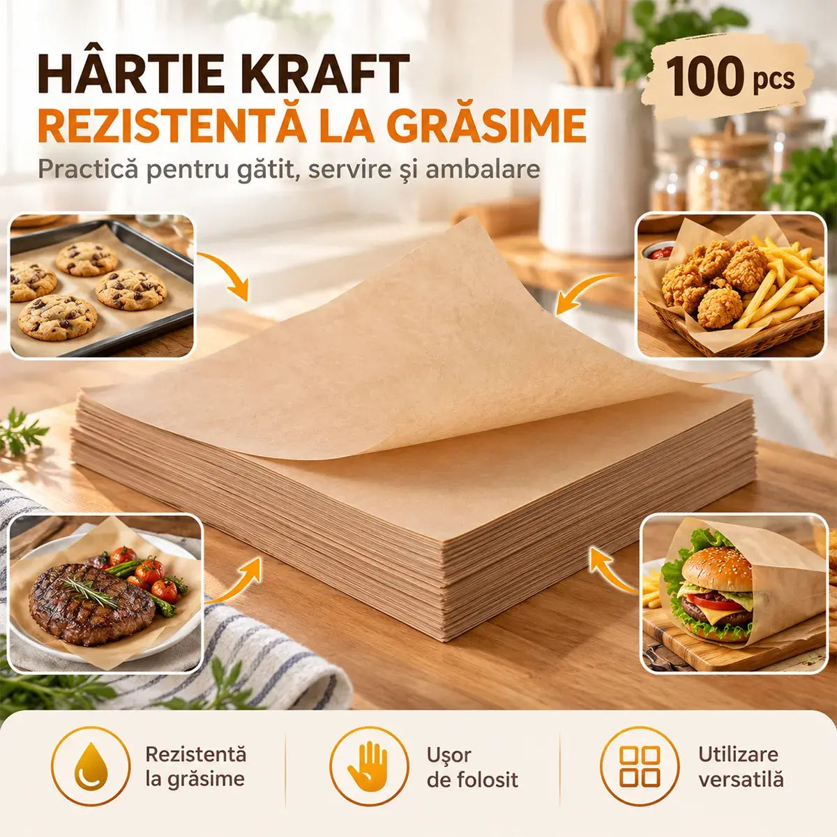 🍟 Hârtie Kraft Rezistentă la Grăsime (Set 100 Piese) – Fără Mizerie în Bucătărie! Ideală pentru Copt, Prăjit, Servire și Ambalare (25x35 cm + 30x40 cm)