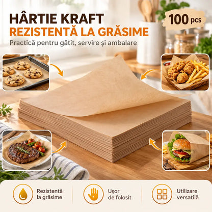 🍟 Hârtie Kraft Rezistentă la Grăsime (Set 100 Piese) – Fără Mizerie în Bucătărie! Ideală pentru Copt, Prăjit, Servire și Ambalare (25x35 cm + 30x40 cm)