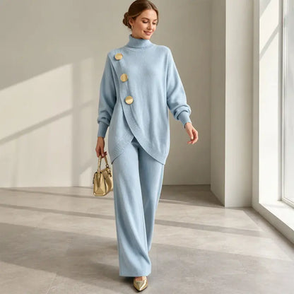 💕 【Top + pantaloni】Set elegant pentru femei: bluză cu guler înalt și pantaloni cu croială largă