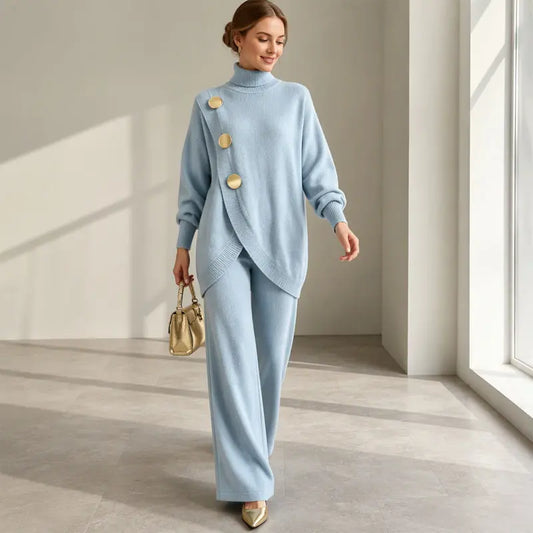💕 【Top + pantaloni】Set elegant pentru femei: bluză cu guler înalt și pantaloni cu croială largă