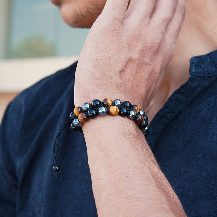 📿🎁Pulsera de piedra preciosa natural de ojo de tigre, obsidiana y hematita, trenzada y ajustable.