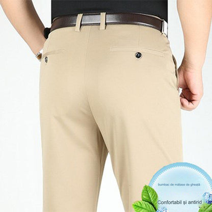 Pantaloni casual de afaceri subțiri pentru bărbați de primăvară și vară Pantaloni elastici din mătase de gheață, drepti, largi, fără călcat