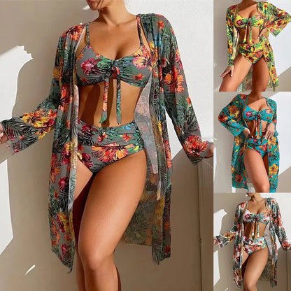 👙【S-2XL】Costum de baie sexy pentru vacanță, 3 piese, cu șal imprimat, model nou 2026