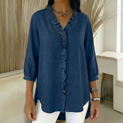 【40-100kg】Cămașă casual din denim pentru femei, cu decolteu în V și volane