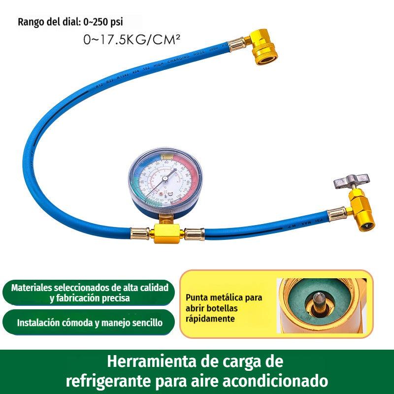 🔧❄️ Furtun de reumplere cu agent frigorific R134a pentru aer condiționat, cu manometru – Etanș, ușor de citit și compatibil cu autoturisme, camioane sau aparate de aer condiționat de uz casnic – Reumplere DIY în condiții de siguranță 🚗