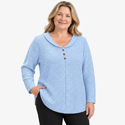 🔥【XL–5XL】🎁💖 Tricou damă cu croială lejeră, textură plisată și guler rotund tip Peter Pan, cu nasturi