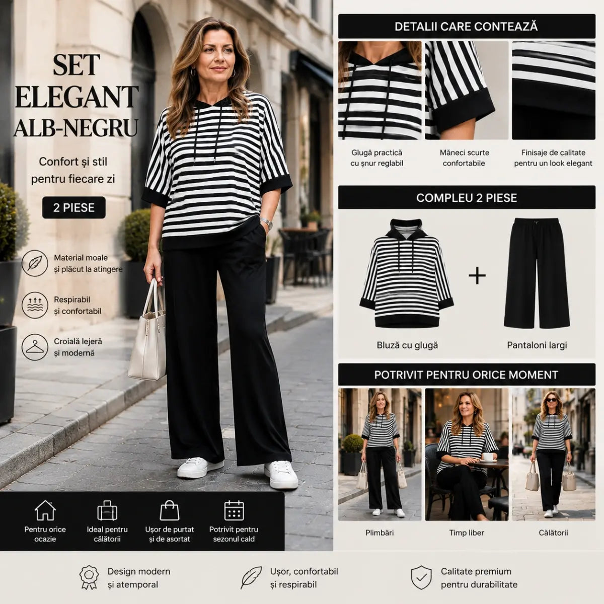 Compleu Dama Modern Alb-Negru – Bluza Casual si Pantaloni Eleganti