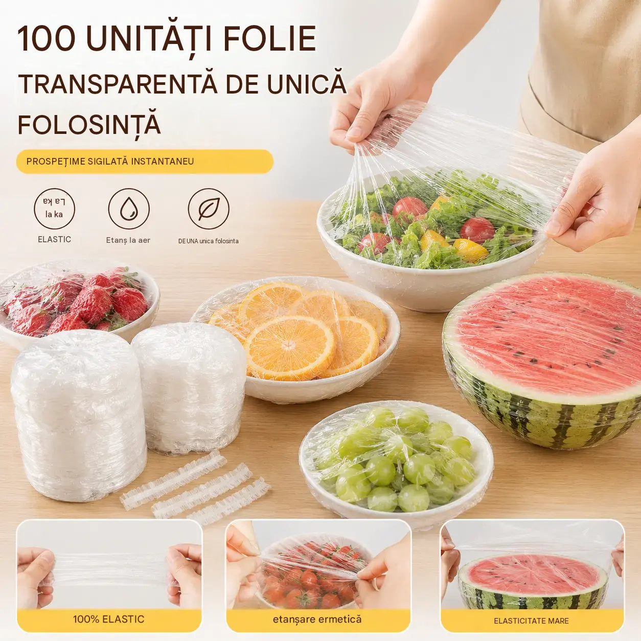 【200 bucăți】Film transparent de unică folosință, ideal pentru recipiente și alimente. Se potrivește perfect, asigură o etanșare bună și este ușor de utilizat
