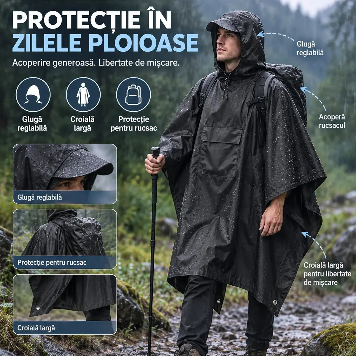 🌧️ Poncho de Ploaie Multifuncțional 3 în 1 – Pelerină, adăpost și saltea de picnic într-un singur produs! 🌲⛰️