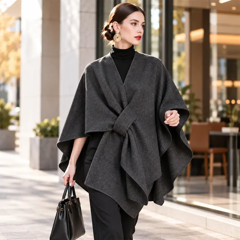 🧥 Șal tip Poncho Multifuncțional din Stofă pentru Toamnă-Iarnă! Design Elegant cu Prindere Suprapusă · Stil Versatil · Călduros și Confortabil!
