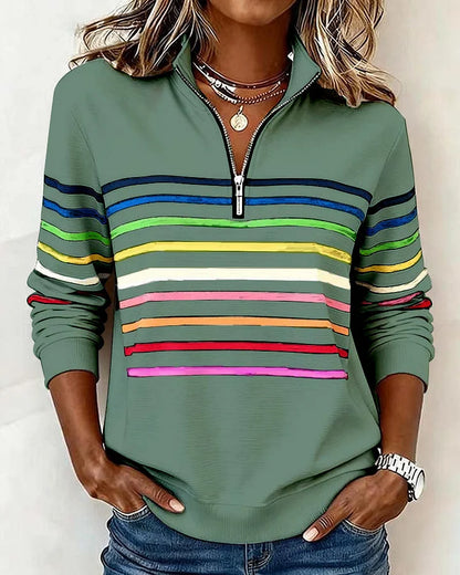 😀👗 Sudadera de moda con rayas arcoíris y cuello con media cremallera.