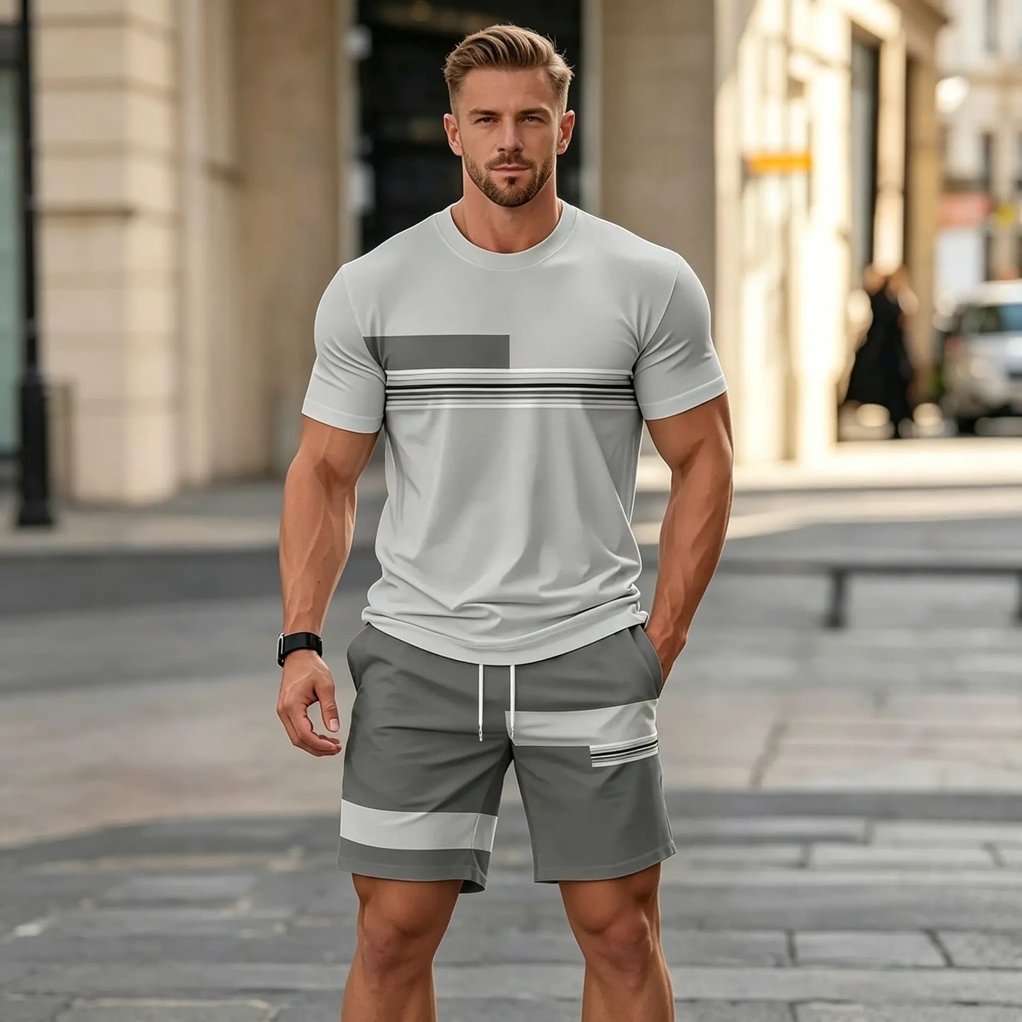 ✨【Plata la livrare】Set sport de vară pentru bărbați, format din 2 piese - tricou confortabil cu mânecă scurtă și pantaloni scurți pentru purtare zilnică și relaxare acasă.