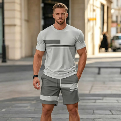 ✨【Plata la livrare】Set sport de vară pentru bărbați, format din 2 piese - tricou confortabil cu mânecă scurtă și pantaloni scurți pentru purtare zilnică și relaxare acasă.