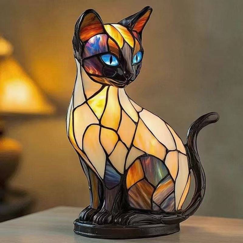 ✨Lampă de masă în formă de pisică, lampă de noapte retro din rășină colorată, cu motiv de pisică