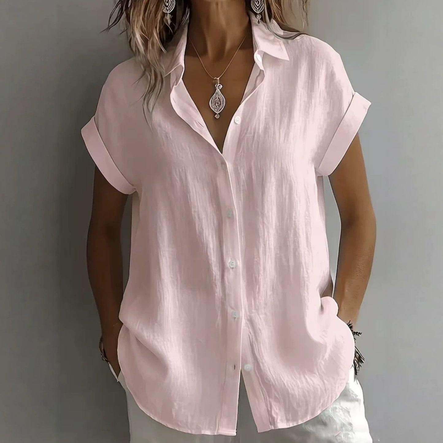 💃 【S–2XL】Cămașă casual cu mânecă scurtă pentru femei, din bumbac și in, culoare simplă.