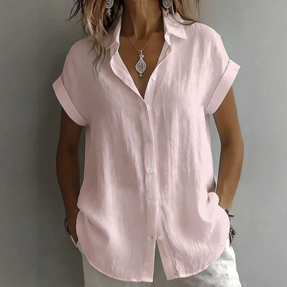 💃 【S–2XL】Cămașă casual cu mânecă scurtă pentru femei, din bumbac și in, culoare simplă.