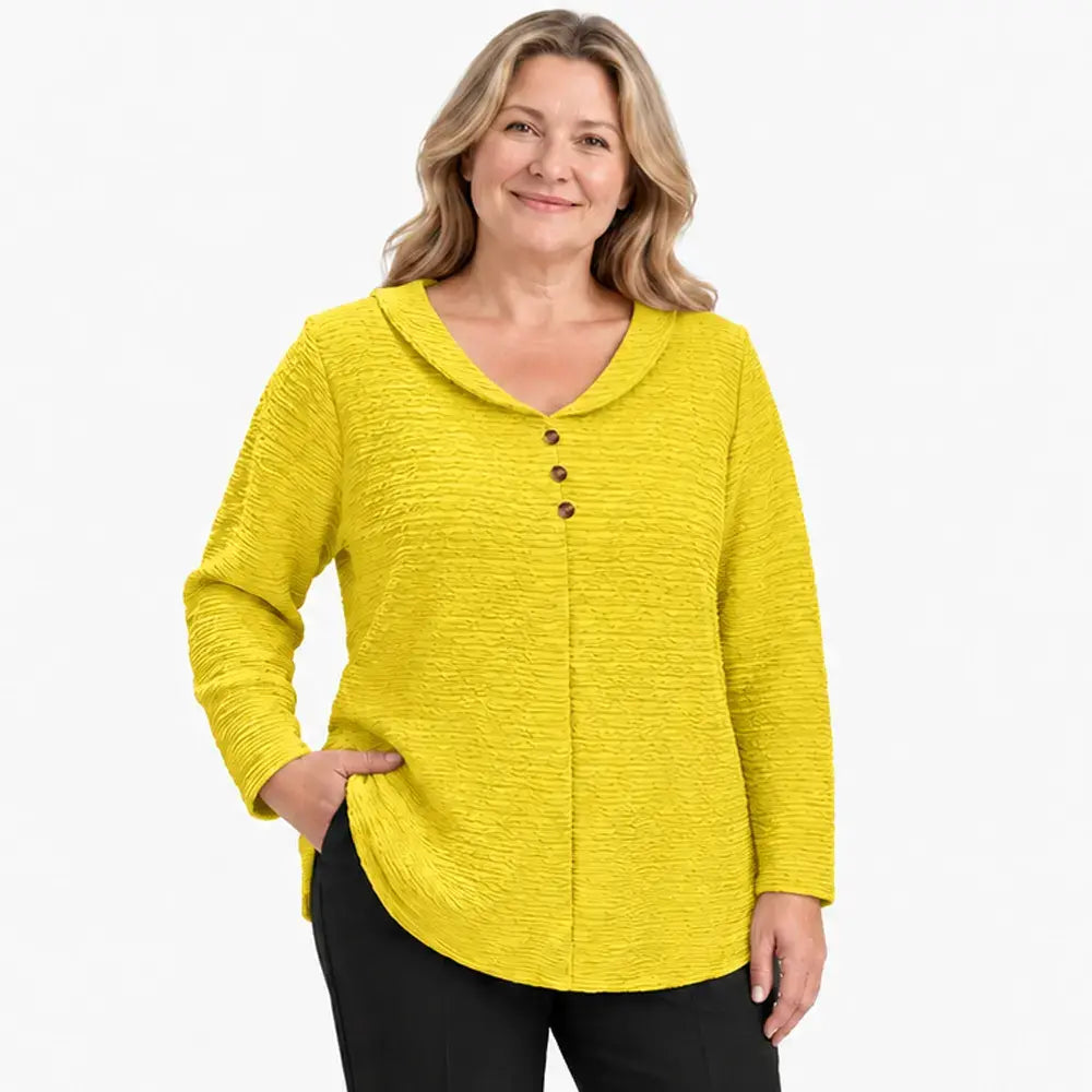 🔥【XL–5XL】🎁💖 Tricou damă cu croială lejeră, textură plisată și guler rotund tip Peter Pan, cu nasturi