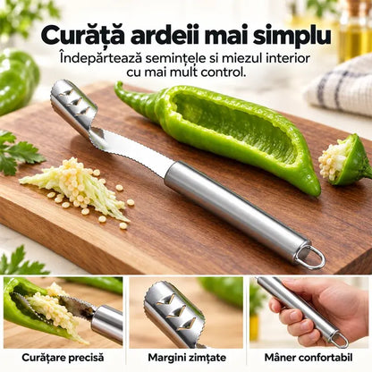 🍎 Set de 2 ustensile din oțel inoxidabil pentru îndepărtarea sâmburilor de fructe și a semințelor de ardei – rapid, precis și curat!