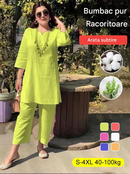 🔥【40-100kg】Vara noua moda culoare solidă temperament naveta stil etnic haine cu mâneci lungi costum din două piese