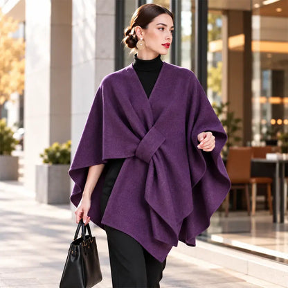 🧥 Șal tip Poncho Multifuncțional din Stofă pentru Toamnă-Iarnă! Design Elegant cu Prindere Suprapusă · Stil Versatil · Călduros și Confortabil!