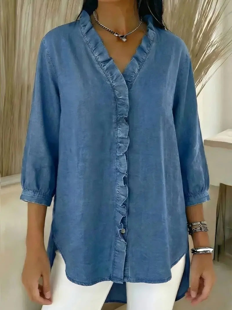 【40-100kg】Cămașă casual din denim pentru femei, cu decolteu în V și volane