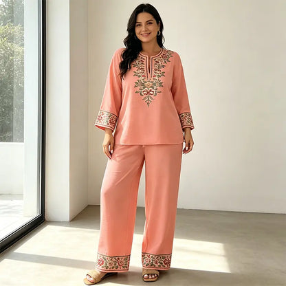 Costum de Vară din In Dama de 2 Piese, Bluza Lejeră cu Imprimeu Floral și Pantaloni Largi, Material Moale, Respirabil și Prietenos cu Pielea