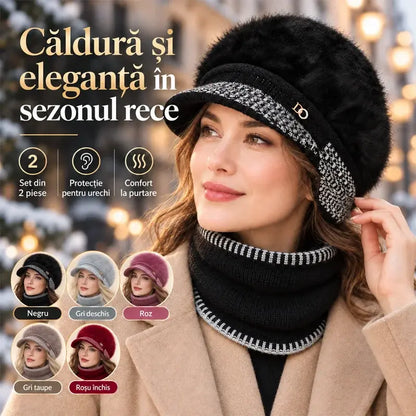 ❄️Ținută elegantă de iarnă, din două piese: Șapcă de baseball din amestec de blană de iepure cu apărători pentru urechi + eșarfă tricotată!